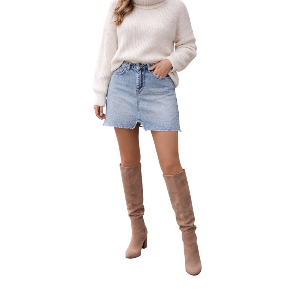 MISSGUIDED Denim High Rise Mini Skirt | Light Wash Distressed Raw Hem | Women 2